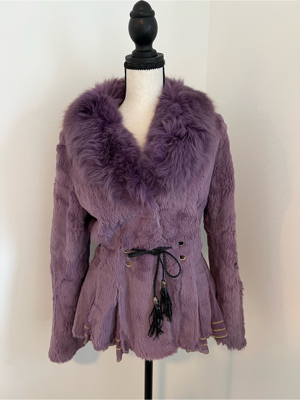 Vintage Real Fur Purple Rabbit Fox Collar Peplum Purple Drawstring Jacket S Y2K